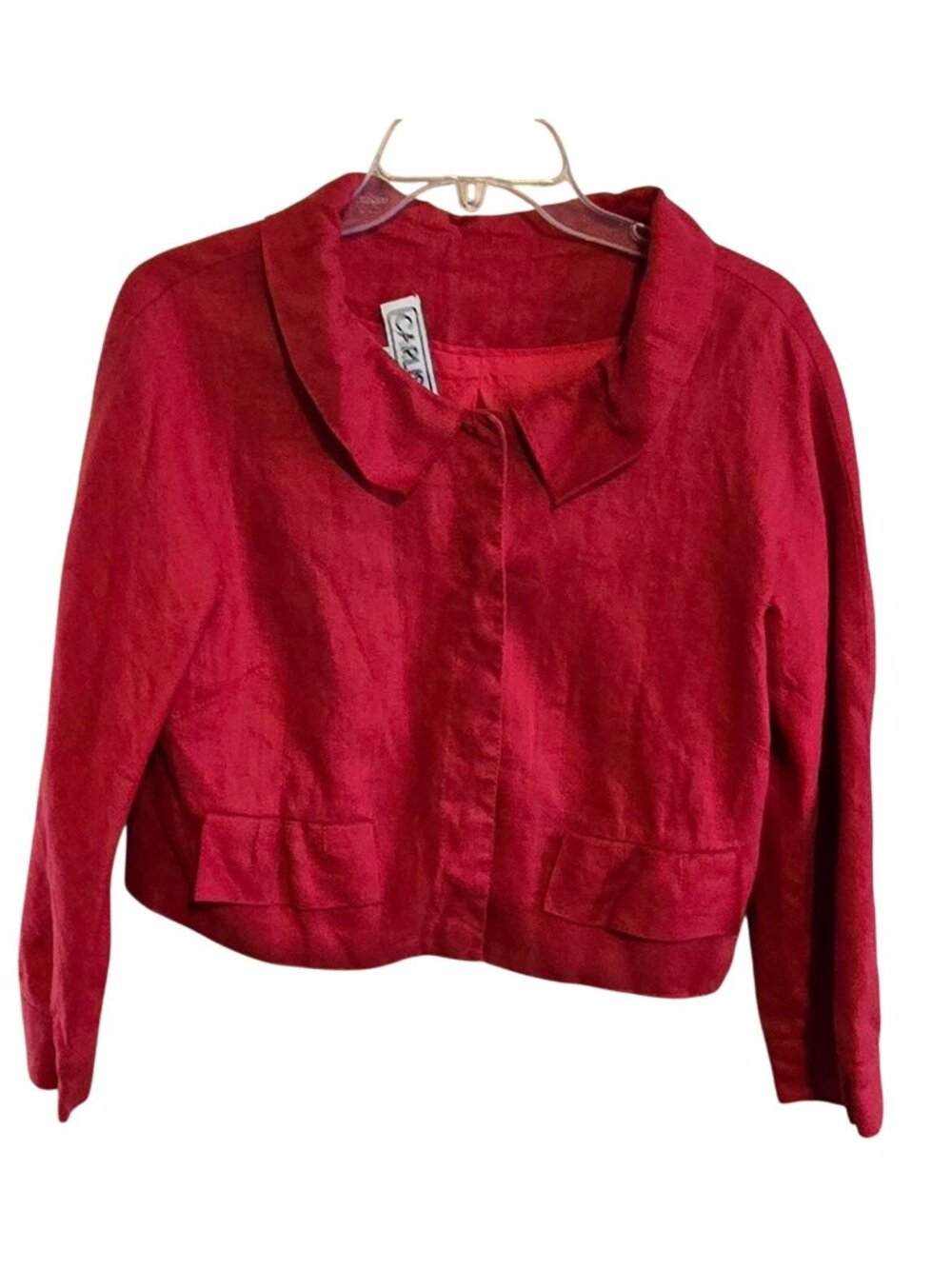 Red Linen Blend Cropped Jacket With Collar Vintage preppy nautical romance chic